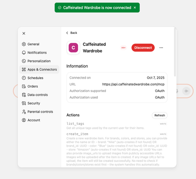 ChatGPT showing an enabled Caffeinated Wardrobe connector.